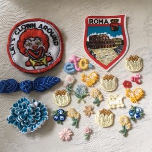 Various (24) patches and Satin-stitch trim.